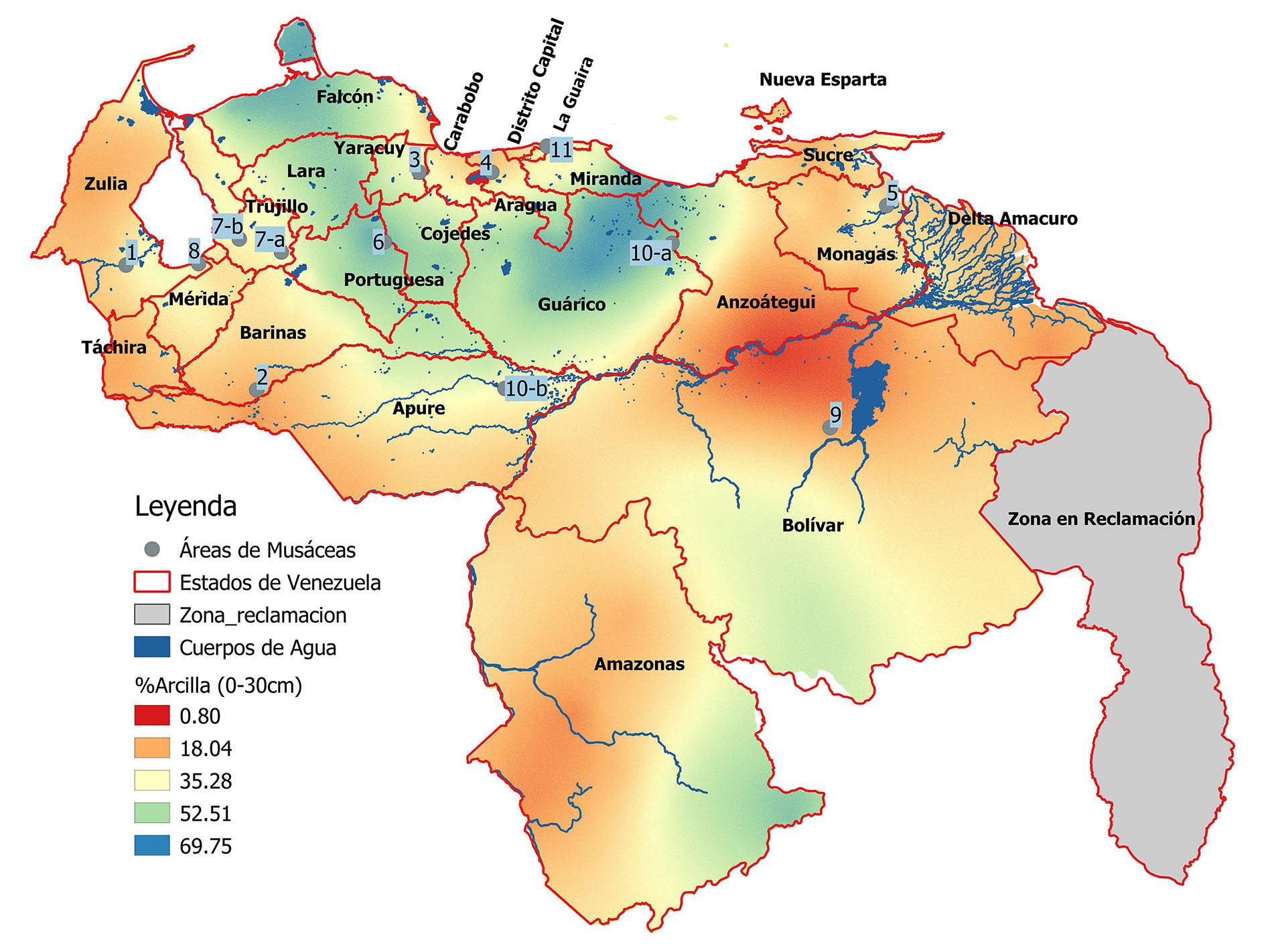 mapa contenido de arcilla en suelos de Venezuela